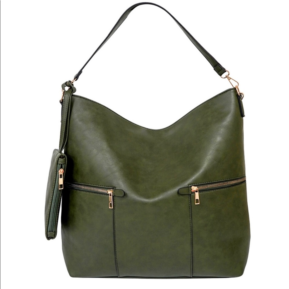 Olive Leather Hobo Tote Bag
